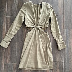 Zara Khaki Long-Sleeve Cutout Dress